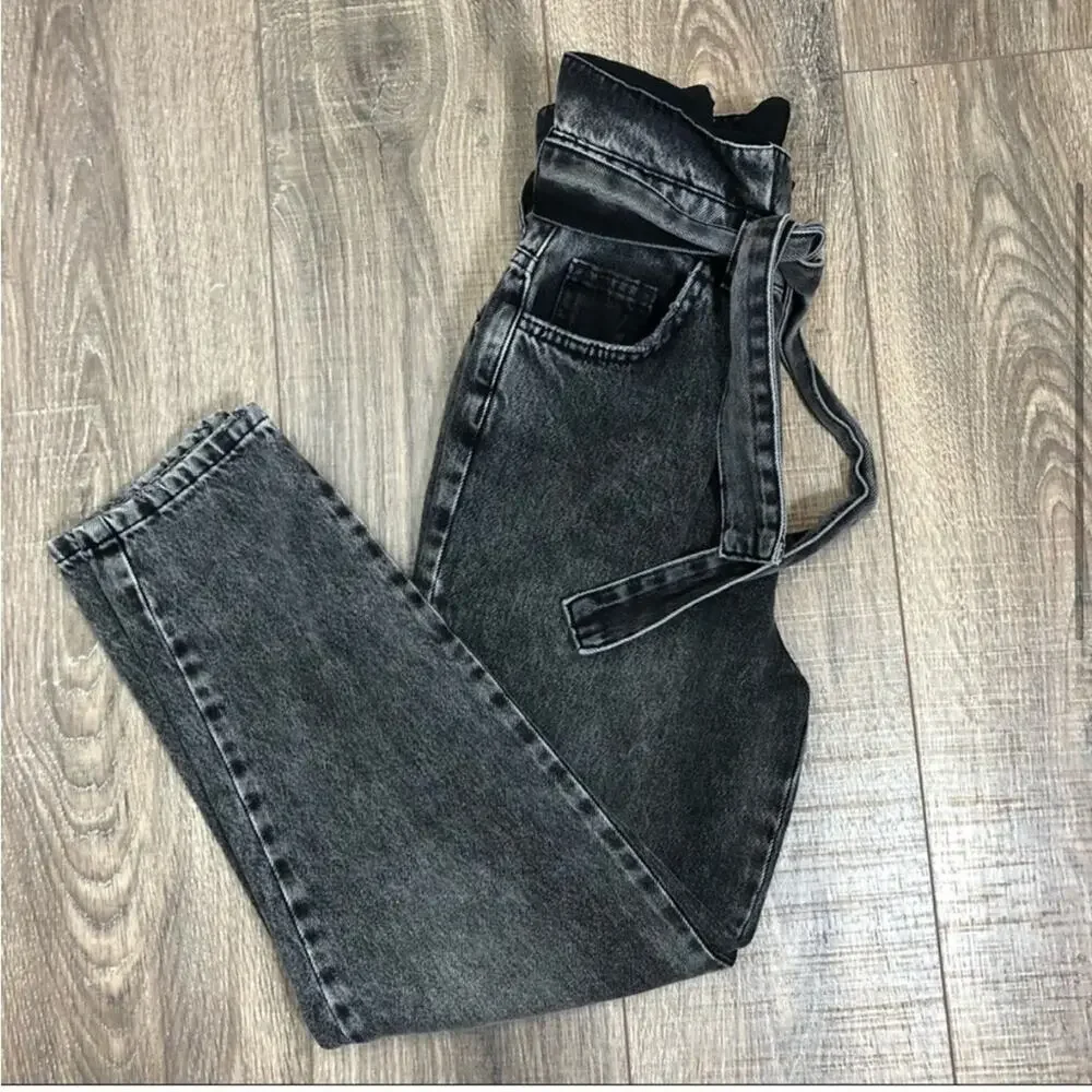 Free people we the free black paper bag waist jeans